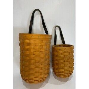Vintage Longaberger Handwoven Basket Set with Leather Handles & Plastic Liners